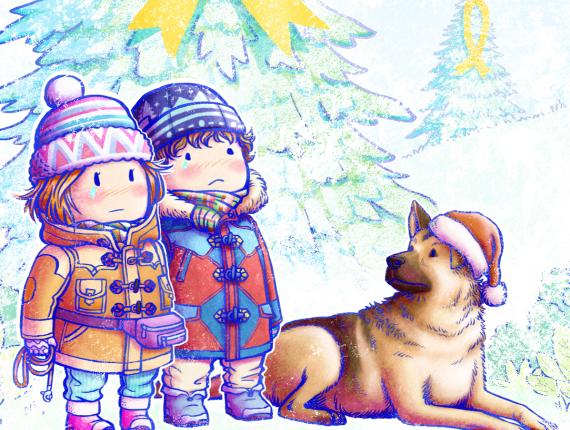 Bon Nadal Feliz Navidad Merry Christmas nen nena niño niña kids boy girl gos perro dog llaç groc llibertat