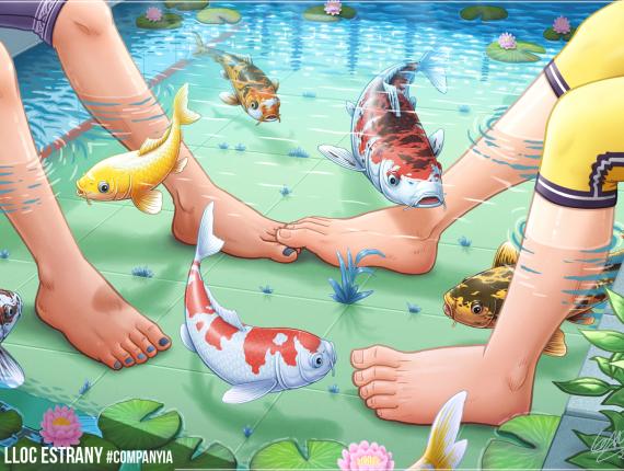 Un Lloc Estrany personatges personajes characters amics amigos friends noia chica girl color digital animals animales peus pies feet koi peixos peces fish aigua agua water