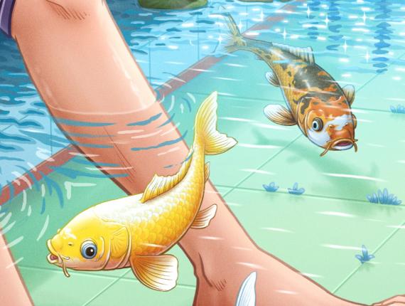 Un Lloc Estrany personatges personajes characters amics amigos friends noia chica girl color digital animals animales peus pies feet koi peixos peces fish aigua agua water