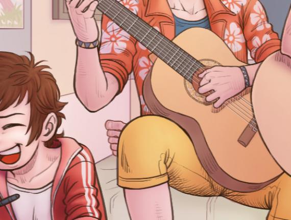 Un Lloc Estrany personatges personajes characters amics amigos friends noia chica girl home hombre man color digital noi dimoni chico demonio devil boy gos perro dog animals animales guitarra guitar música music