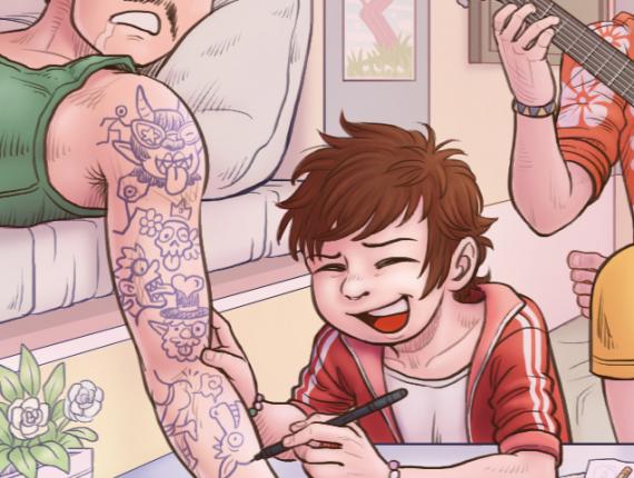 Un Lloc Estrany personatges personajes characters amics amigos friends noia chica girl home hombre man color digital noi dimoni chico demonio devil boy gos perro dog animals animales guitarra guitar música music