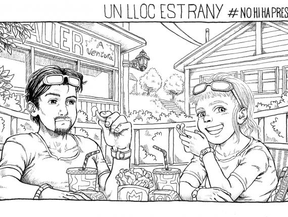 Un Lloc Estrany personatge personaje character noia chica girl home hombre man color digital parella pareja couple terrassa terraza terrace menjar ràpid comida rápida fast food