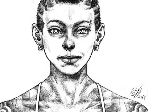 un lloc estrany cara face retrat retrato portrait somriure sonrisa smile personatge personaje character noia chica girl piercing tattoo dimoni demonio devil demon