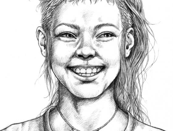 un lloc estrany cara face retrat retrato portrait somriure sonrisa smile personatge personaje character noia chica girl mig cabell rapat medio pelo rapado half shaved hair penjoll colgante pendant